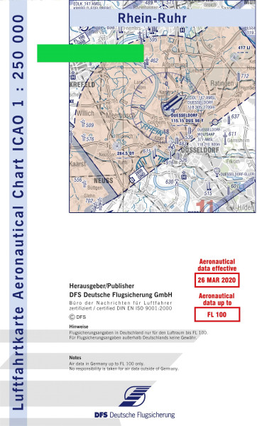 ICAO Karte 2023 Rhein-Ruhr, Motorflug, Papier mit Folie, gefalzt, 1:500.000