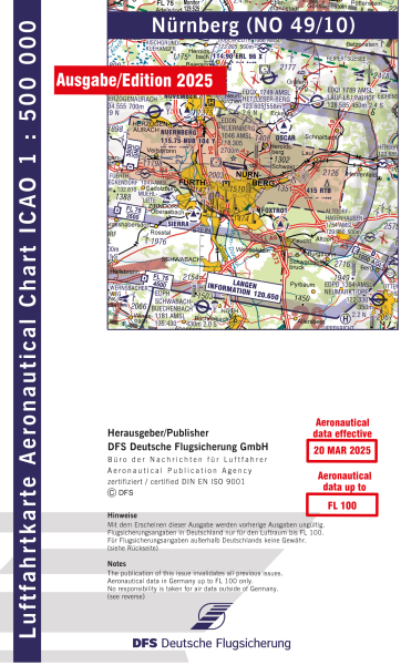 ICAO Karte 2025 Nürnberg Motorflug, Papier mit Folie, gefalzt, 1:500.000