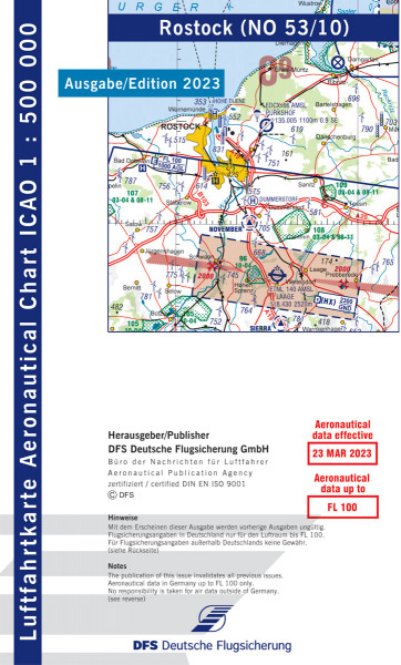 ICAO Karte 2023 Rostock, Motorflug, Papier, gefalzt, 1:500.000