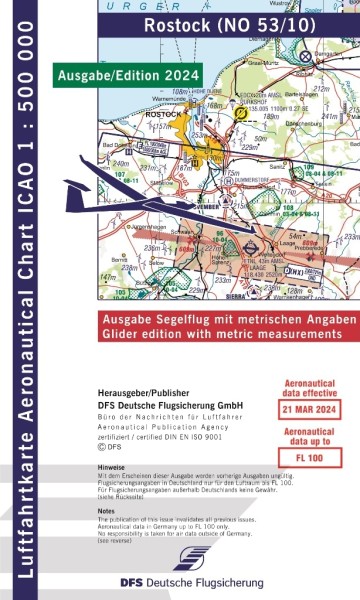 ICAO Karte 2024 Rostock Segelflug, Papier mit Folie, gefalzt, 1:500.000