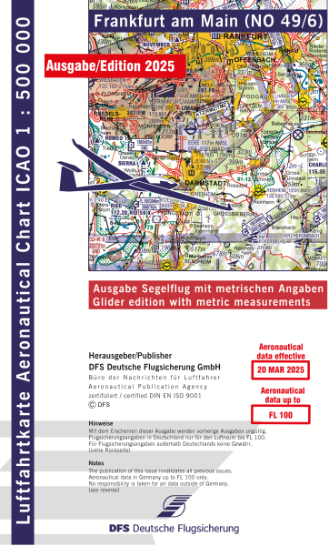 ICAO Karte 2025 Frankfurt Segelflug, Papier mit Folie, gefalzt, 1:500.000