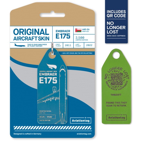 Aviationtag - Embraer E175 - A40-EA - petrol mit QR Code