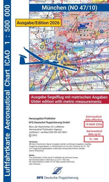 ICAO Karte 2026 München Segelflug, Papier, gefalzt, 1:500.000
