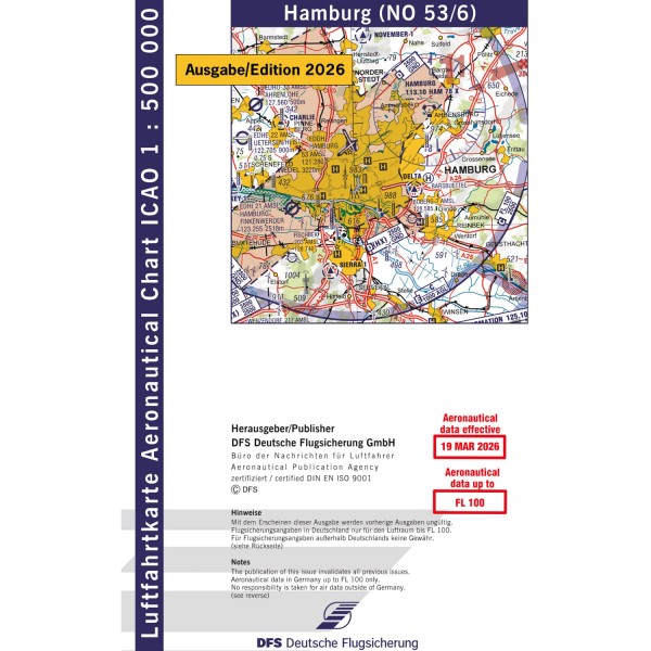 ICAO Karte 2026 Hamburg Motorflug, Papier mit Folie, gefalzt, 1:500.000 mit Nachttiefflugstrecken
